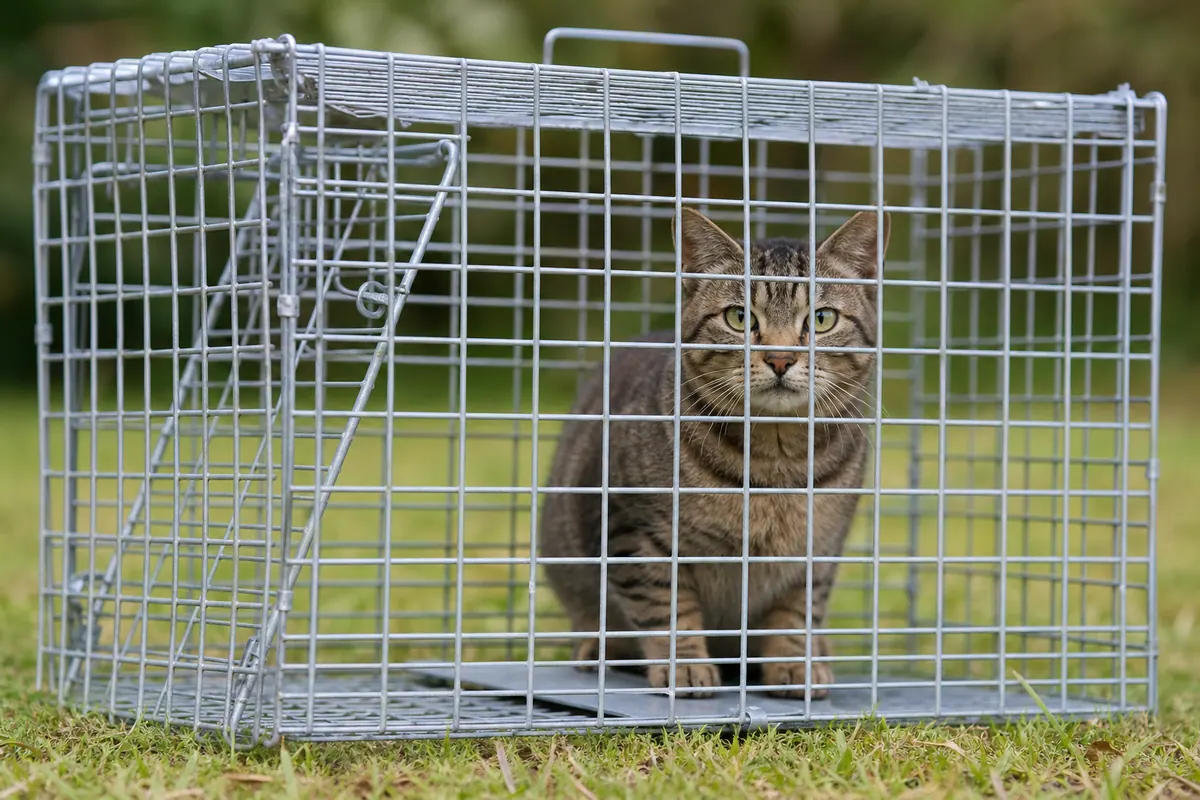 Chat capturé dans une cage-piège professionnelle