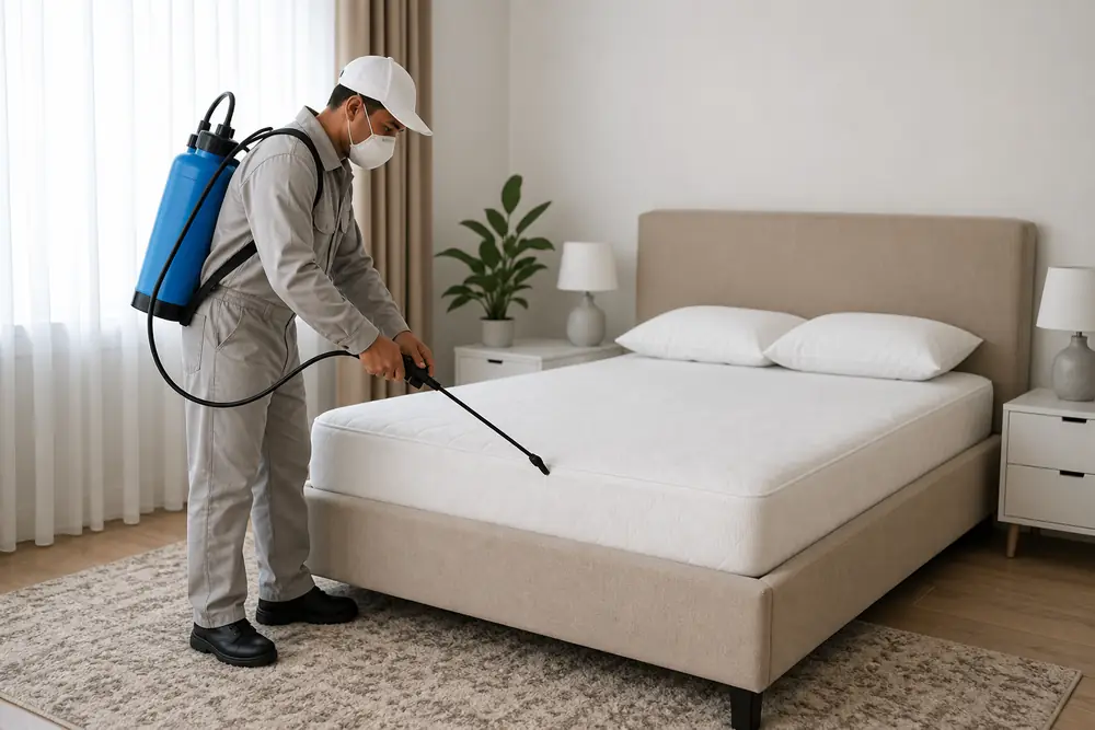 Technicien en traitement anti-punaises de lit dans une chambre